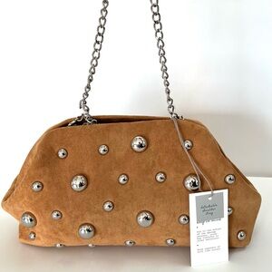 A New Day Oversized Tan Studded Faux Suede Clutch Bag NWT
